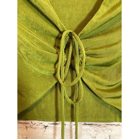 Peppermayo Crop Top Womens 6 Pea Green Slinky Tie Front Ruched Cropped Boho - Picture 6 of 15